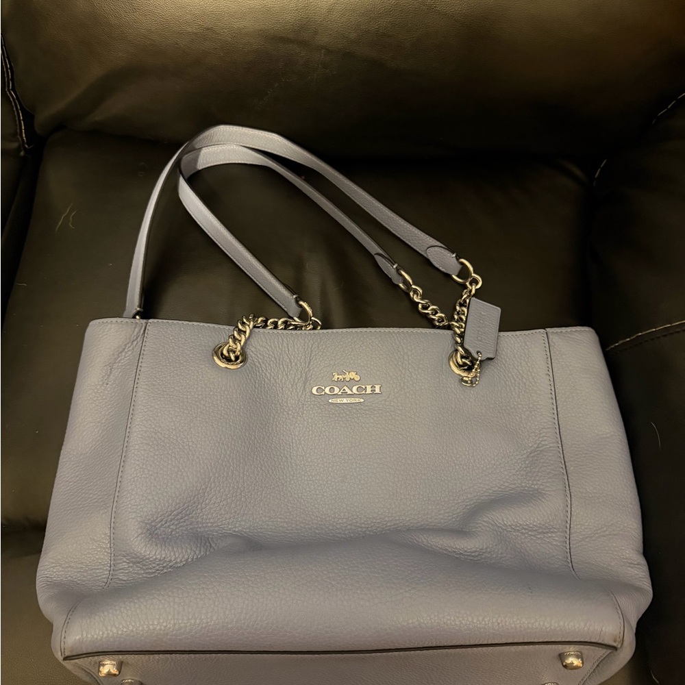 Coach Pebbled Leather Shoulder Tote in Light Blue